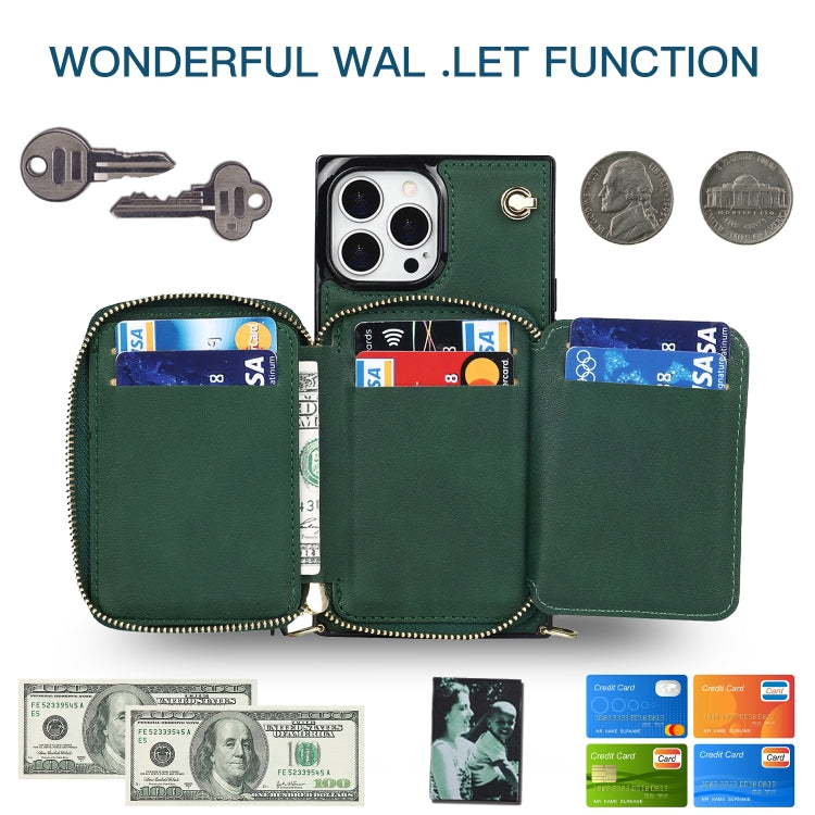 For iPhone 13 Pro Cross-body Zipper Big Wallet Bag Square TPU + PU Back Phone Case with Holder