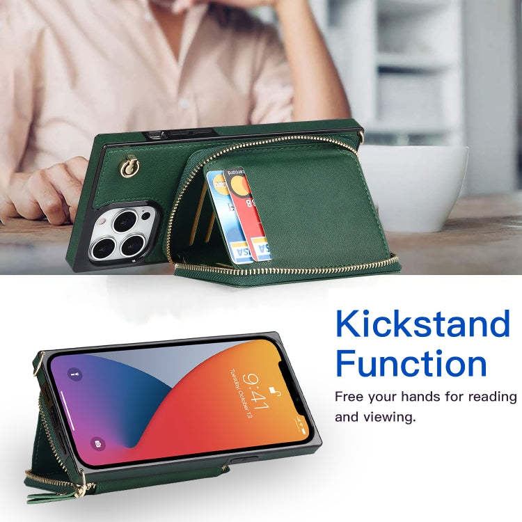For iPhone 13 Pro Cross-body Zipper Big Wallet Bag Square TPU + PU Back Phone Case with Holder