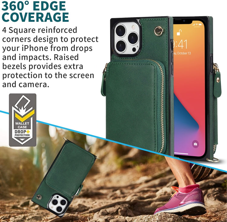 For iPhone 13 Pro Cross-body Zipper Big Wallet Bag Square TPU + PU Back Phone Case with Holder