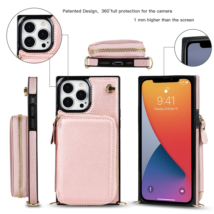 For iPhone 13 Pro Cross-body Zipper Big Wallet Bag Square TPU + PU Back Phone Case with Holder