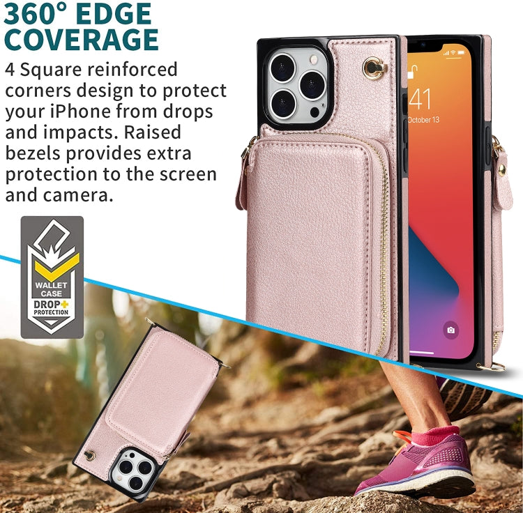 For iPhone 13 Pro Cross-body Zipper Big Wallet Bag Square TPU + PU Back Phone Case with Holder