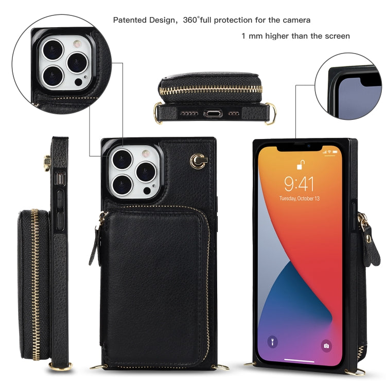 For iPhone 13 Pro Max Cross-body Zipper Big Wallet Bag Square TPU + PU Back Phone Case with Holder