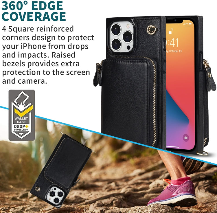 For iPhone 13 Pro Max Cross-body Zipper Big Wallet Bag Square TPU + PU Back Phone Case with Holder