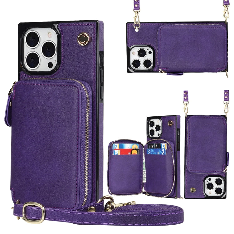 For iPhone 13 Pro Max Cross-body Zipper Big Wallet Bag Square TPU + PU Back Phone Case with Holder