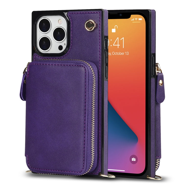 For iPhone 13 Pro Max Cross-body Zipper Big Wallet Bag Square TPU + PU Back Phone Case with Holder