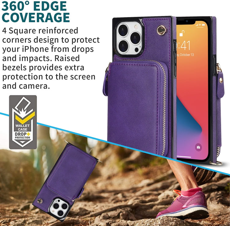 For iPhone 13 Pro Max Cross-body Zipper Big Wallet Bag Square TPU + PU Back Phone Case with Holder