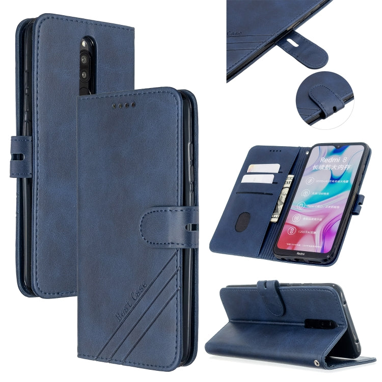 For Xiaomi Redmi 8 / 8A Stitching Style 2-Color Cow Texture Horizontal Flip PU Leather Case with Holder & Card Slot & Lanyard