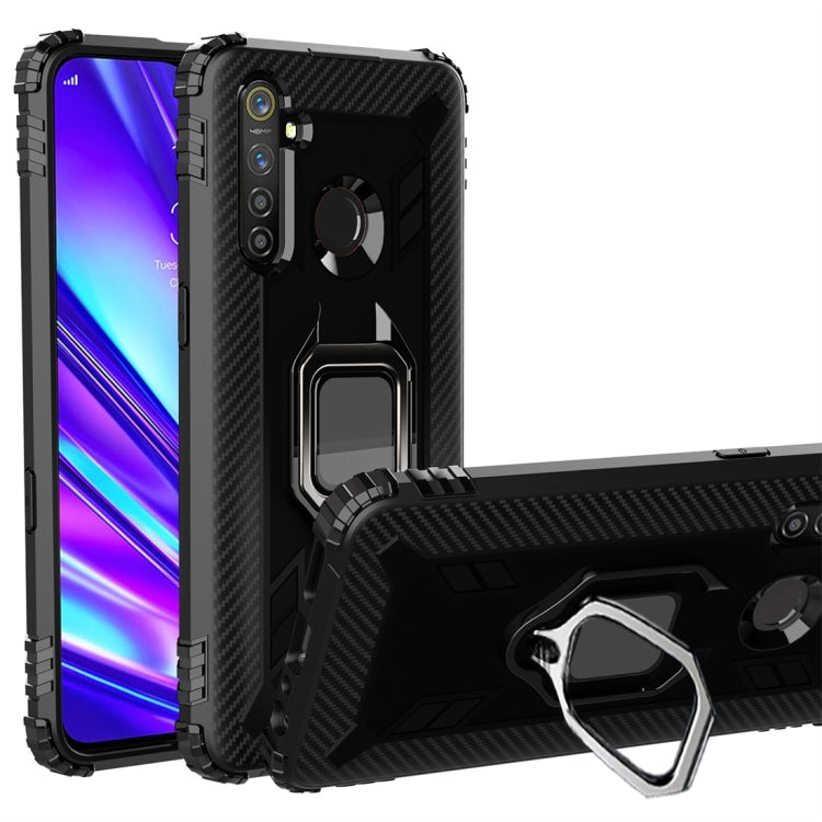 For OPPO Realme 5 Pro Carbon Fiber Protective Case with 360 Degree Rotating Ring Holder