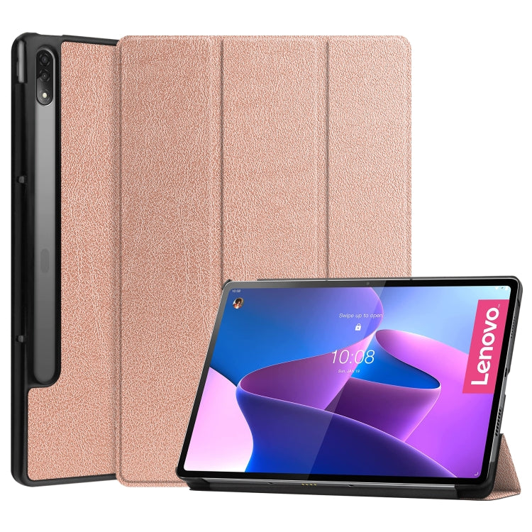 For Lenovo Tab P12 Pro 12.6 Three-folding Holder Custer Texture Leather Tablet Case