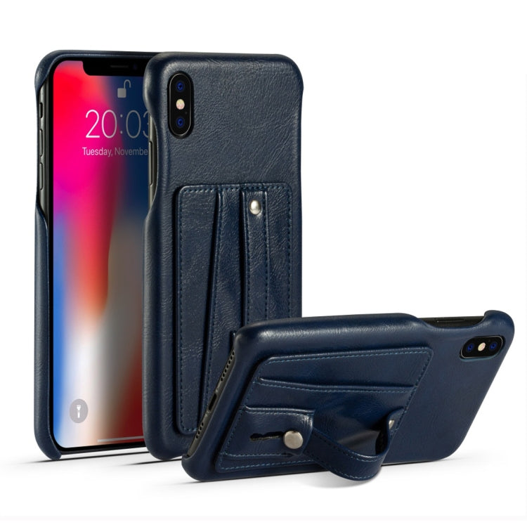 For iPhone XS Max Shockproof PC + PU Protective Case with Holder & Card Slots(Blue)