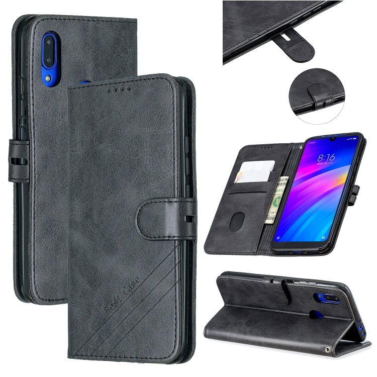 For Xiaomi Redmi 7 Stitching Style 2-Color Cow Texture Horizontal Flip PU Leather Case with Holder & Card Slot & Lanyard