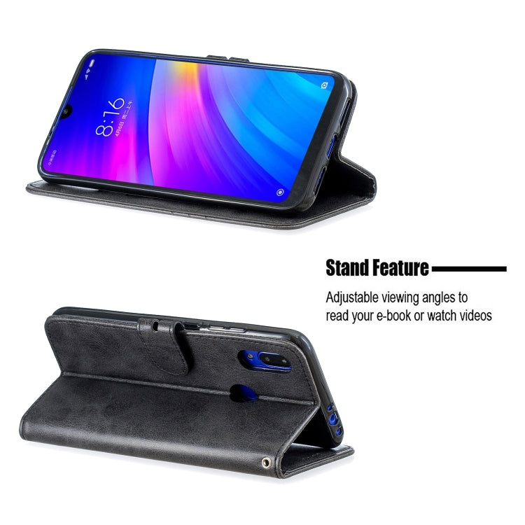 For Xiaomi Redmi 7 Stitching Style 2-Color Cow Texture Horizontal Flip PU Leather Case with Holder & Card Slot & Lanyard