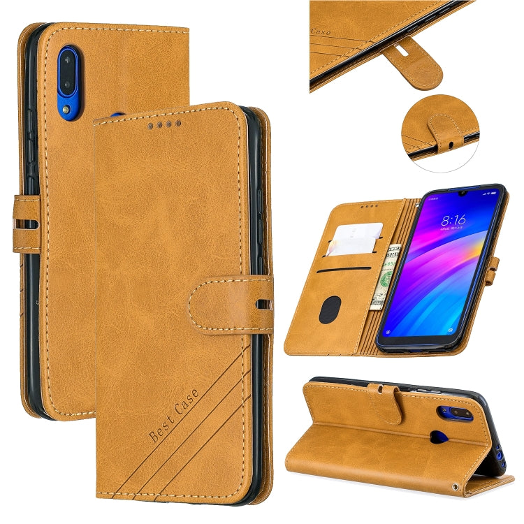 For Xiaomi Redmi 7 Stitching Style 2-Color Cow Texture Horizontal Flip PU Leather Case with Holder & Card Slot & Lanyard