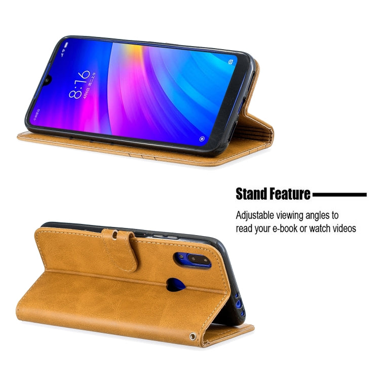 For Xiaomi Redmi 7 Stitching Style 2-Color Cow Texture Horizontal Flip PU Leather Case with Holder & Card Slot & Lanyard