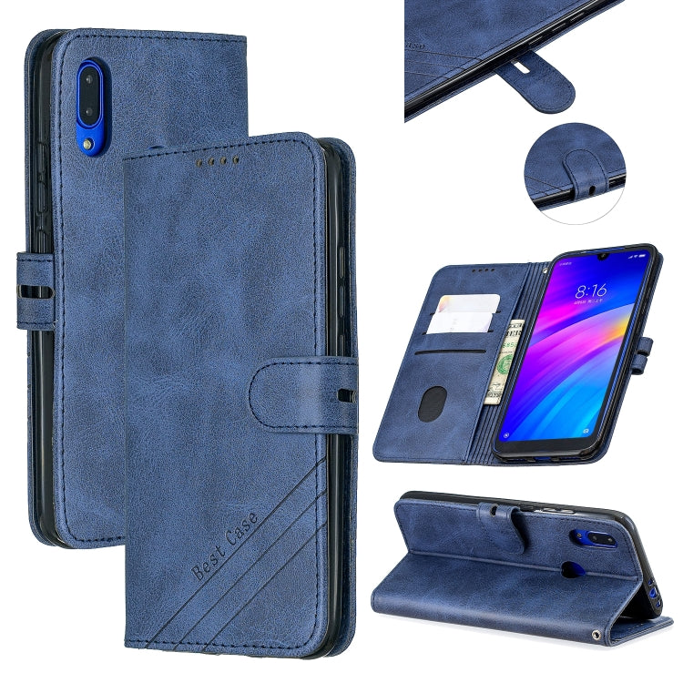 For Xiaomi Redmi 7 Stitching Style 2-Color Cow Texture Horizontal Flip PU Leather Case with Holder & Card Slot & Lanyard