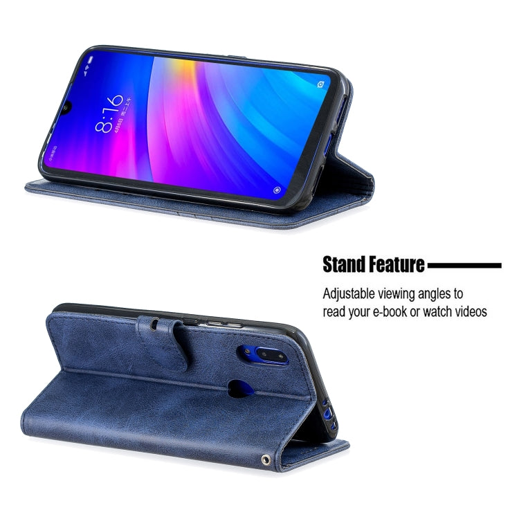 For Xiaomi Redmi 7 Stitching Style 2-Color Cow Texture Horizontal Flip PU Leather Case with Holder & Card Slot & Lanyard