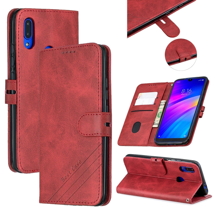 For Xiaomi Redmi 7 Stitching Style 2-Color Cow Texture Horizontal Flip PU Leather Case with Holder & Card Slot & Lanyard
