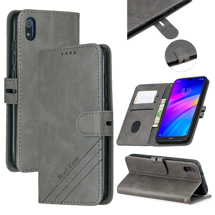 For Xiaomi Redmi 7A Stitching Style 2-Color Cow Texture Horizontal Flip PU Leather Case with Holder & Card Slot & Lanyard