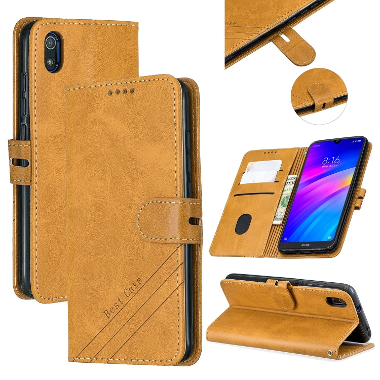 For Xiaomi Redmi 7A Stitching Style 2-Color Cow Texture Horizontal Flip PU Leather Case with Holder & Card Slot & Lanyard