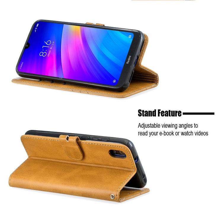 For Xiaomi Redmi 7A Stitching Style 2-Color Cow Texture Horizontal Flip PU Leather Case with Holder & Card Slot & Lanyard