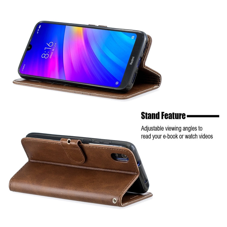 For Xiaomi Redmi 7A Stitching Style 2-Color Cow Texture Horizontal Flip PU Leather Case with Holder & Card Slot & Lanyard