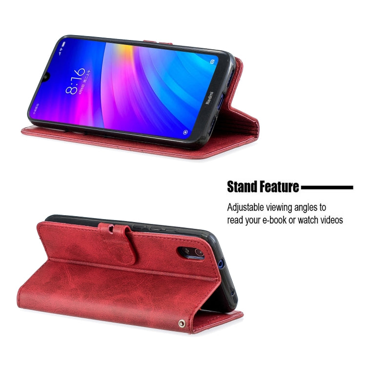 For Xiaomi Redmi 7A Stitching Style 2-Color Cow Texture Horizontal Flip PU Leather Case with Holder & Card Slot & Lanyard