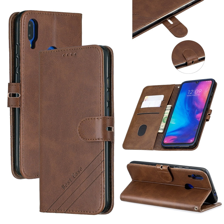 For Xiaomi Redmi Note 7 Stitching Style 2-Color Cow Texture Horizontal Flip PU Leather Case with Holder & Card Slot & Lanyard