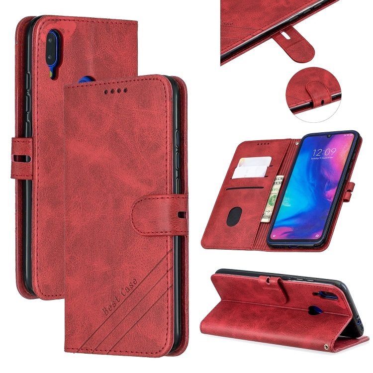 For Xiaomi Redmi Note 7 Stitching Style 2-Color Cow Texture Horizontal Flip PU Leather Case with Holder & Card Slot & Lanyard