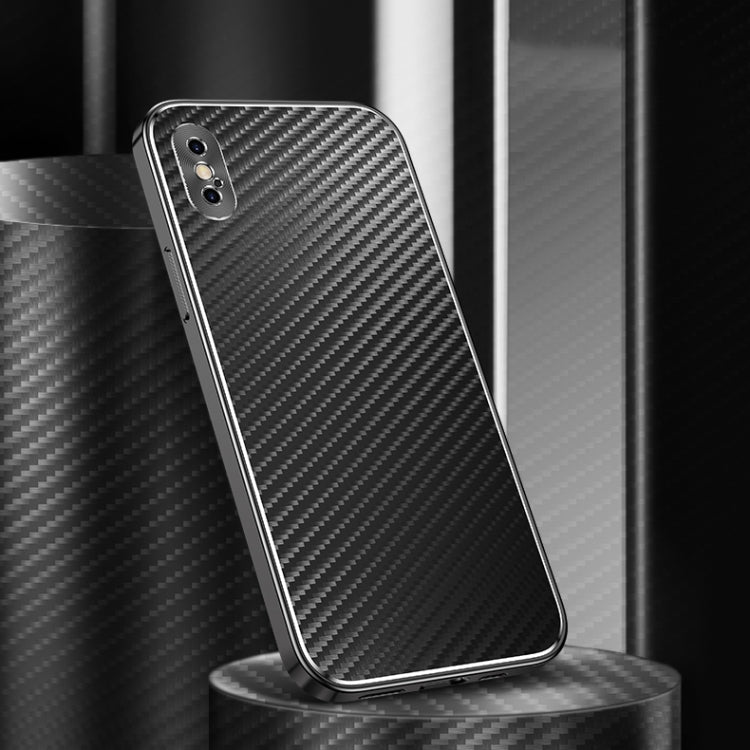 For iPhone X / XS Metal Frame Carbon Fiber Phone Case(Black)