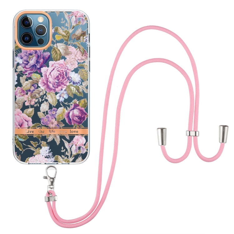 For iPhone 12 Pro Max Flowers Series TPU Phone Case with Lanyard