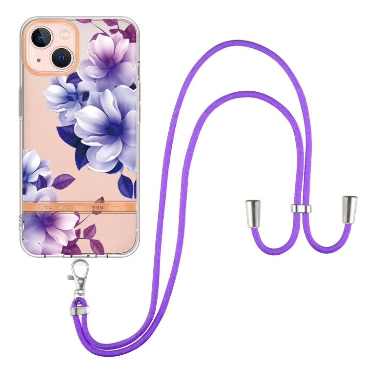 For iPhone 13 mini Flowers Series TPU Phone Case with Lanyard