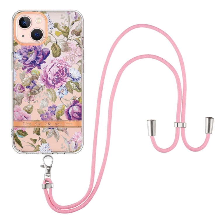 For iPhone 13 mini Flowers Series TPU Phone Case with Lanyard