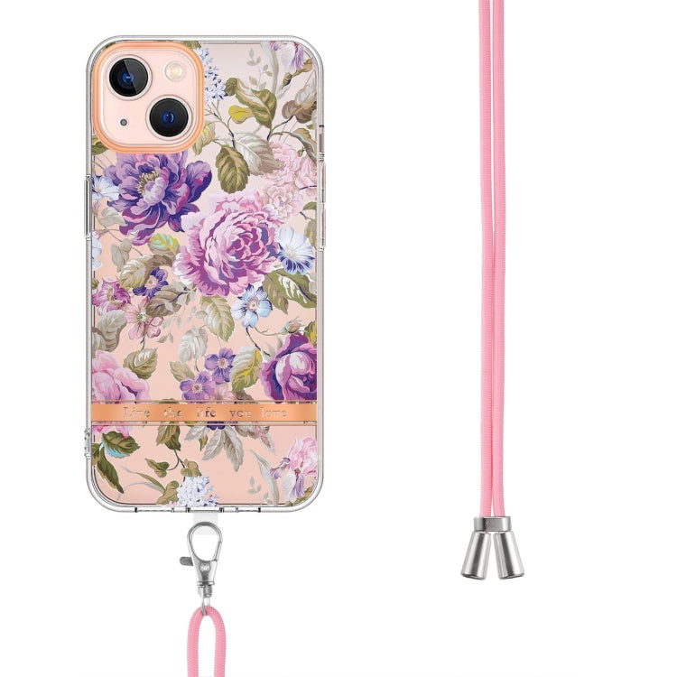 For iPhone 13 mini Flowers Series TPU Phone Case with Lanyard