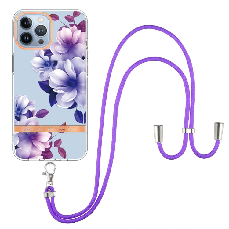 For iPhone 13 Pro Flowers Series TPU Phone Case with Lanyard