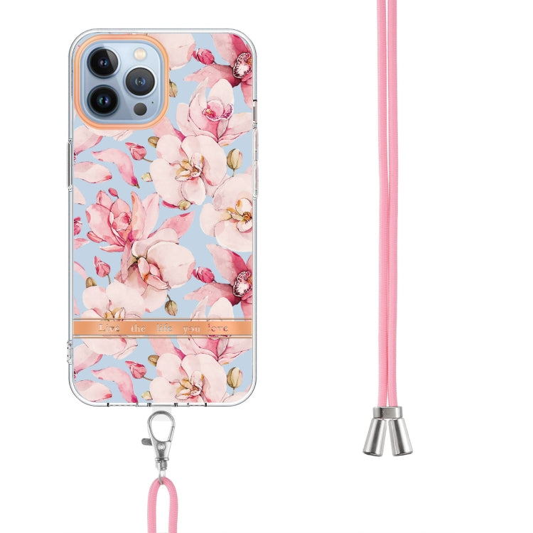 For iPhone 13 Pro Max Flowers Series TPU Phone Case with Lanyard