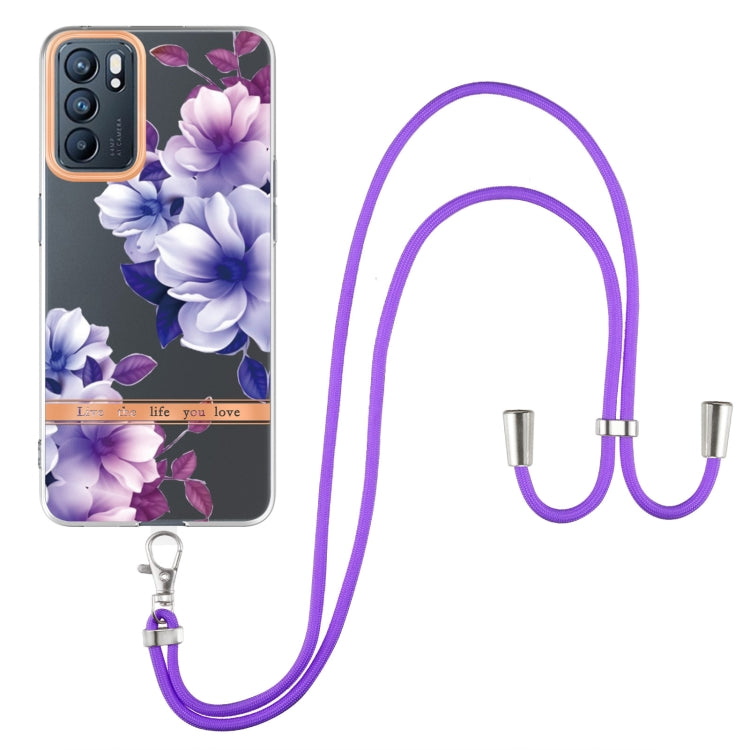 For OPPO Reno6 5G Flowers Series TPU Phone Case with Lanyard