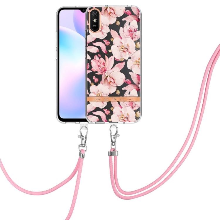 For Xiaomi Redmi 9A Flowers Series TPU Phone Case with Lanyard