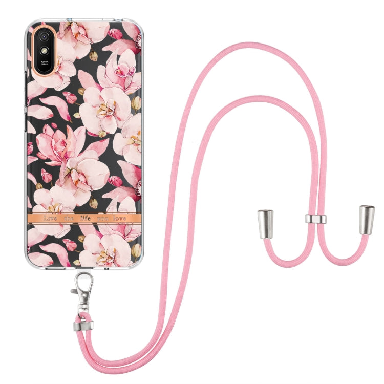 For Xiaomi Redmi 9A Flowers Series TPU Phone Case with Lanyard