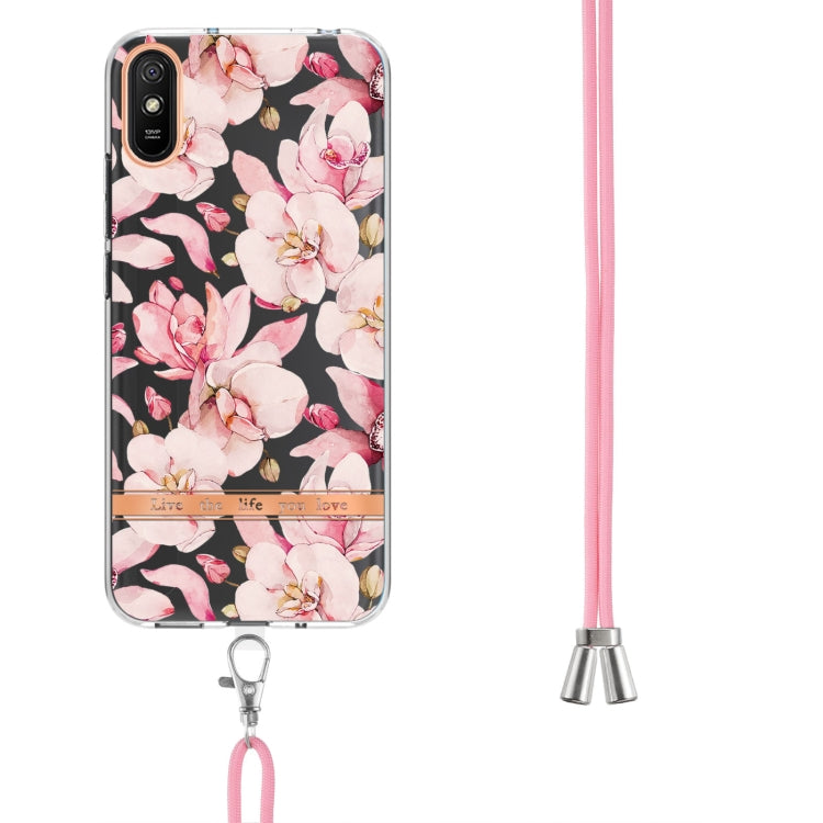 For Xiaomi Redmi 9A Flowers Series TPU Phone Case with Lanyard