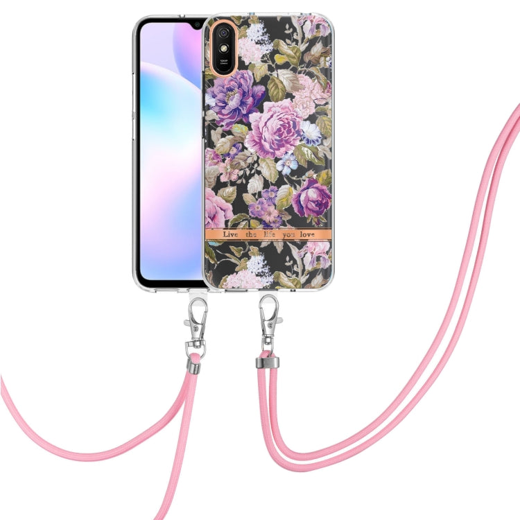 For Xiaomi Redmi 9A Flowers Series TPU Phone Case with Lanyard