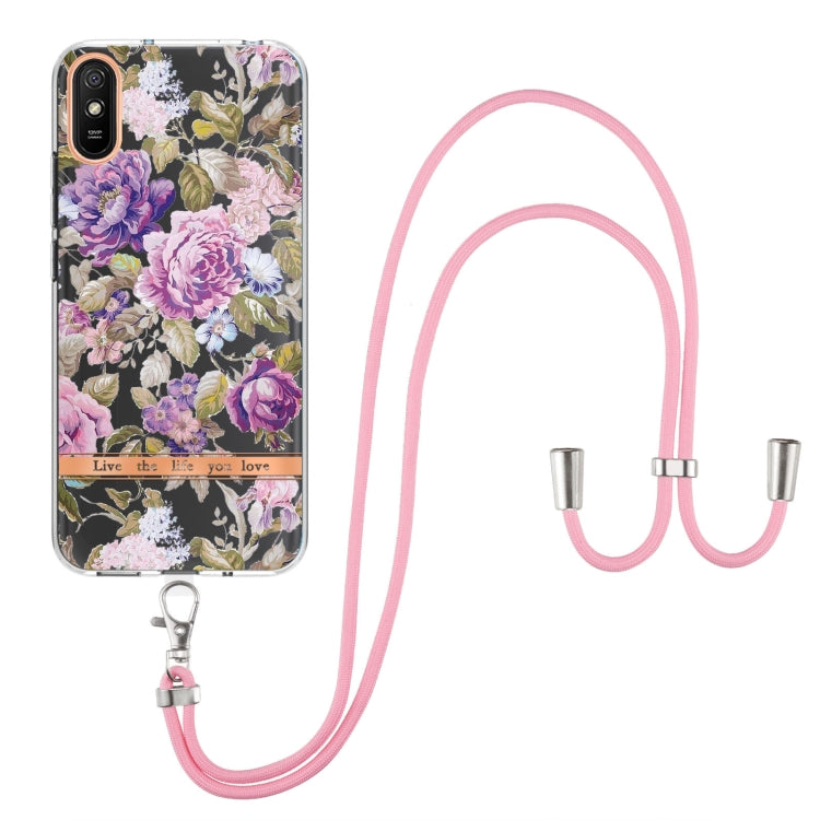 For Xiaomi Redmi 9A Flowers Series TPU Phone Case with Lanyard