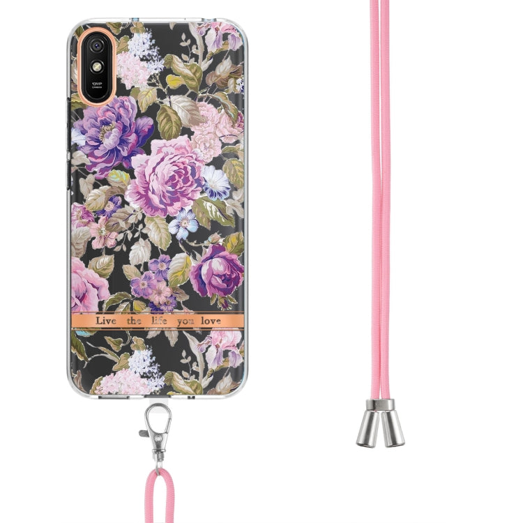 For Xiaomi Redmi 9A Flowers Series TPU Phone Case with Lanyard