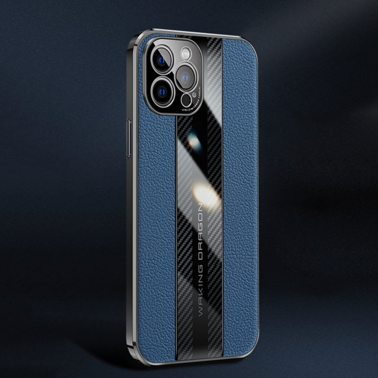For iPhone 12 Pro Max Racing Car Design Leather Electroplating Process Anti-fingerprint Protective Phone Case(Blue)