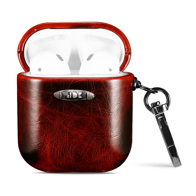 Oil Wax Leather Texture Earphone Protective Case with Hang Buckle For AirPods 1 / 2