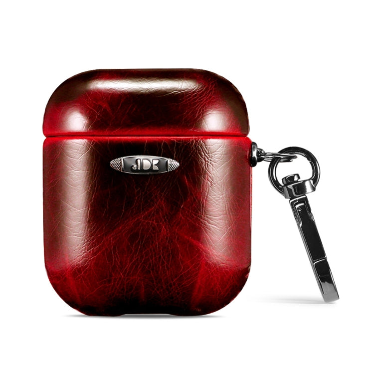 Oil Wax Leather Texture Earphone Protective Case with Hang Buckle For AirPods 1 / 2