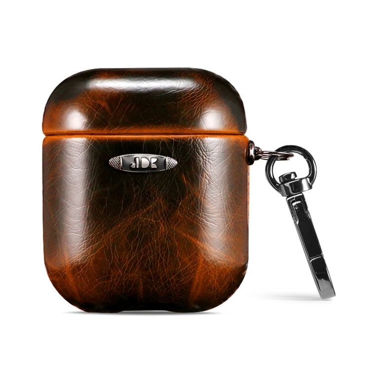 Oil Wax Leather Texture Earphone Protective Case with Hang Buckle For AirPods 1 / 2