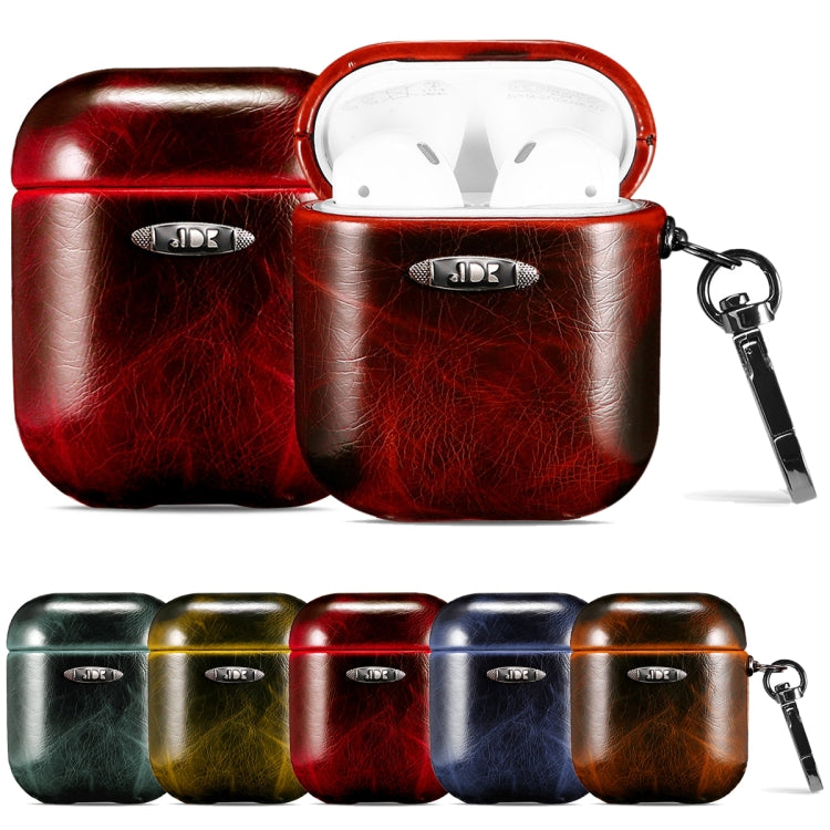 Oil Wax Leather Texture Earphone Protective Case with Hang Buckle For AirPods 1 / 2