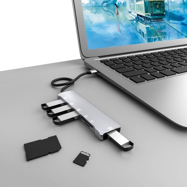 NK-3043 6 in 1 USB-C / Type-C to TF / SD Card Slot + 4 USB Female Adapter(Space Grey)