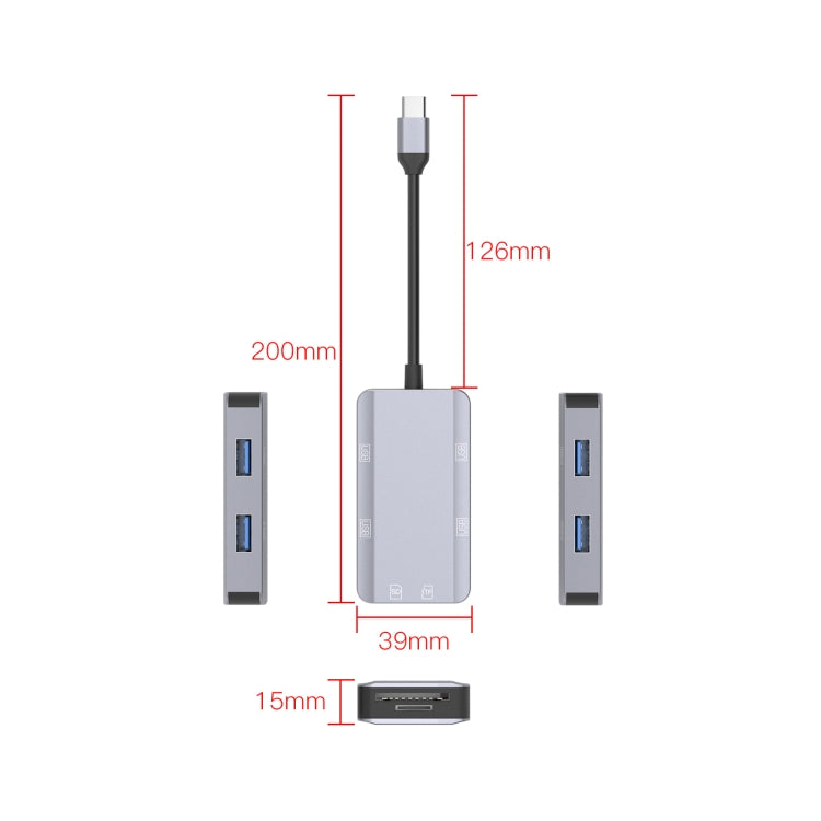 NK-3049 6 in 1 USB-C / Type-C to TF / SD Card Slot + 4 USB Female Adapter(Space Grey)