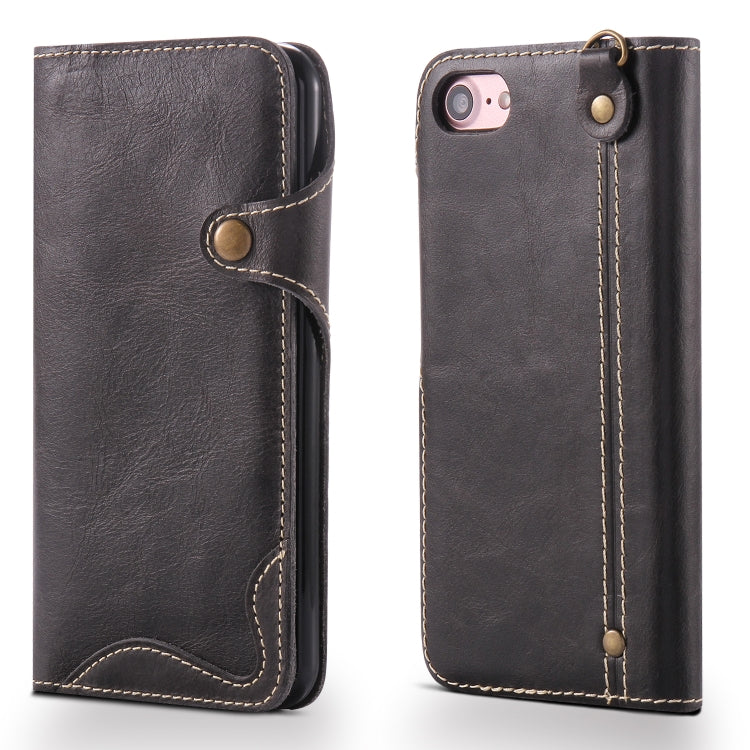 For iPhone 7 / 8 Denior Oil Wax Cowhide Magnetic Button Horizontal Flip Leather Case with Card Slots & Wallet